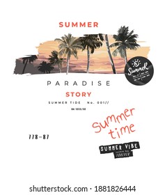 summer slogan with sunset summer palm tree illustration