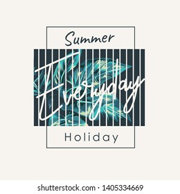 summer slogan with tropical leafs background illustration