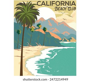 Camiseta de eslogan de verano. Diseño de club de surf. Olas de playa. Arte tropical de la isla para la moda y otros. Club de playa de California. Arte de montaña.