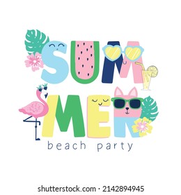 summer slogan typography vector illustration with fruits and flowers