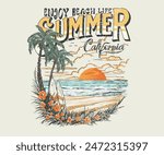 Summer slogan vector design. Beach club artwork. California surfing club vector design. Endless summer graphic print design. Tropical island artwork.