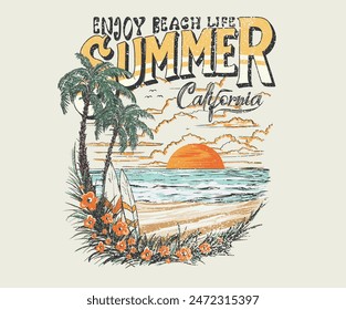 Summer slogan vector design. Beach club artwork. California surfing club vector design. Endless summer graphic print design. Tropical island artwork.