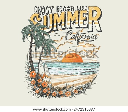 Summer slogan vector design. Beach club artwork. California surfing club vector design. Endless summer graphic print design. Tropical island artwork.