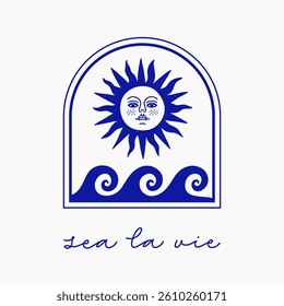 Summer slogan with waves and sun. Print with vintage illustration for tee, t shirt, canvas, poster. Vector illustration