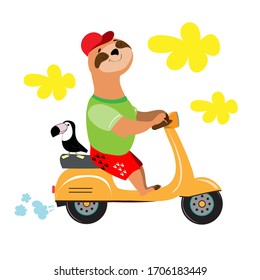 Summer sloth rides with a toucan on a moped on a white background. Summer travel concept. Flat style. Vector illustration