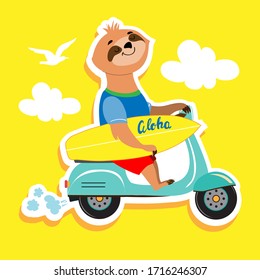 Summer sloth with a surfboard on a moped. Vector illustration  flat style. Fashion patch badges with travel concept