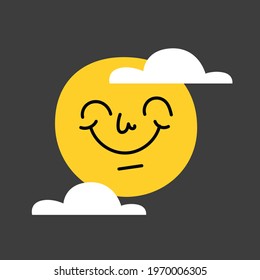 Summer smiling sun, clouds. Funny cartoon modern illustration with doodle object, Concept of creative, sunshine,  moon, smile, happyness, sky,  astrology. Cute isolated vector stock print. Vintage