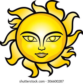  Summer smiling Sun face on white background .Sun shine. Stained glass window.Design element is  isolated for cards, tickets, branding, logo, label, background    