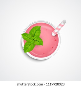 Summer smoothie, cocktail, drink, shake with mint leaves and straw for beverage  . Top view. Realistic 3d icon. Vector.