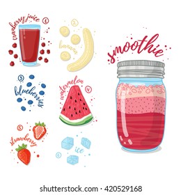 Summer smoothie with cranberry juice, banana, watermelon, strawberries and blueberries. Vegetarian cocktail in a glass jar. Recipe smoothie for healthy food with fruit and berry. Vector.
