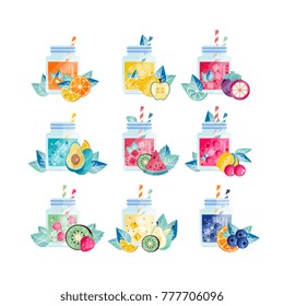 Summer smoothies in glass jars. Fresh drinks with different fruit tastes. Vegetarian cocktail. Healthy lifestyle or diet. Flat vector for cafe menu or party poster