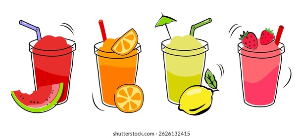 Summer smoothies in glasses on white background.