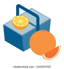 Summer snack icon isometric vector. Closed cooler bag and fresh citrus fruit. Summer food, picnic meal, icebox