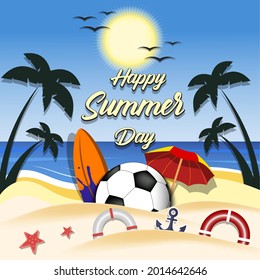 Summer soccer poster. Happy summer day. Pattern for design poster, logo, emblem, label, banner, icon. Football template on isolated background. Vector illustration