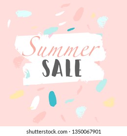 Summer social media banner with abstract hand drawn colorful brush painting confetti background