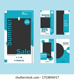 Summer social media post template stories with blue color