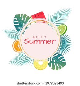 Summer social media post template with elements of palm leaves, orange, lime, watermelon and pineapple slices. Grunge texture. Element for design, postcard. Vector illustration.