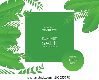 Summer social media post template with space for text.Promotional content.Fresh abstract vector design background for poster, invitation and cover with tropical leaves, shapes and textures