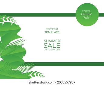 Summer Social Media Post Template mit Platz für Text.Promotionsinhalt.Frisch abstrakter Vektordesign-Hintergrund für Poster, Einladung und Bedeckung mit tropischen Blättern, Formen und Texturen