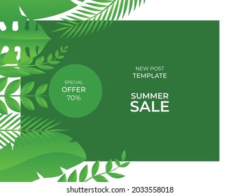 Plantilla de publicación de medios sociales de verano con espacio para texto.Contenido promocional.Nuevo fondo de diseño vector abstracto para afiche, invitación y cubierta con hojas tropicales, formas y texturas