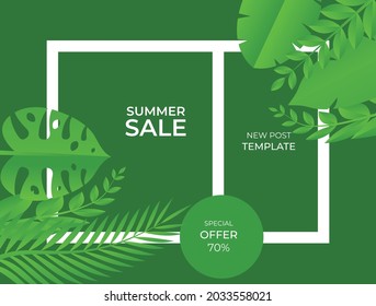 Summer social media post template with space for text.Promotional content.Fresh abstract vector design background for poster, invitation and cover with tropical leaves, shapes and textures