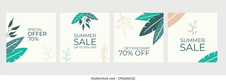 Summer social media posts collection with floral background. Summer sale banner with tropical leaves background, exotic floral design for banner, flier, invitation, poster, web site or greeting card