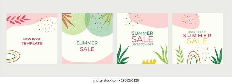 Summer social media posts collection with floral background. Summer sale banner with tropical leaves background, exotic floral design for banner, flier, invitation, poster, web site or greeting card