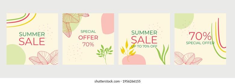 Summer social media posts collection with floral background. Summer sale banner with tropical leaves background, exotic floral design for banner, flier, invitation, poster, web site or greeting card