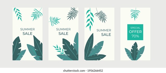 Summer social media story collection with floral background. Summer sale banner with tropical leaves background, floral design for banner, flier, invitation, poster, web site or greeting card