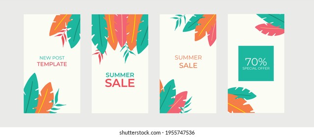 Summer social media story posts collection with floral background. Summer sale banner with tropical leaves background, exotic floral design for banner, invitation, poster, web site or greeting card