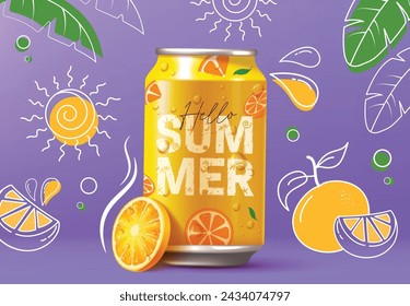 Summer soda can vector design. Hello summer greeting in cola drink 3d realistic elements for tropical season refreshment juice drink in orange flavor concept.  Vector illustration summer soda can desi