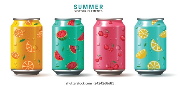 Summer soda cola vector set design. Summer tropical soft drinks in can with orange, lemon, cherry and watermelon flavor cold refreshment collection. Vector illustration summer soda juice collection. 
