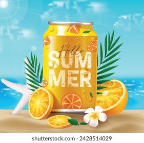 Summer soda vector design. Hello summer text in cola drink with slice orange fruit flavor for tropical season refreshment elements. Vector illustration summer soda advertisement concept. 
