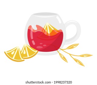 Summer soft drink - lemonade or iced lemon tea. A cute mug with a red aromatic drink. Bright vector illustration on a transparent background.