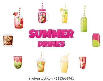 Summer soft drinks set. Bubble tea, smoothie, lemonade,  soda, milkshake vector illustration.