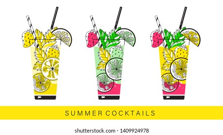 Summer soft drinks. Set. Sketch illustration.