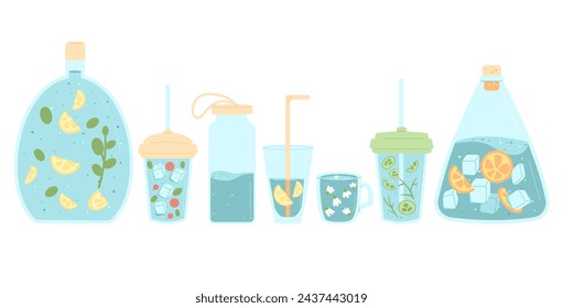 Summer soft drinks and water in different containers set isolated on white background. Fresh clean and aroma liquid. Aqua healthy beverage with fruit, ice lemon. Stay hydrated with water balance.