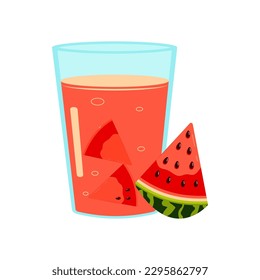 Summer soft fruit cold refreshment drinks glass. Watermelon with ice. Isolated vector illustration on a white background. For cafe menu design.