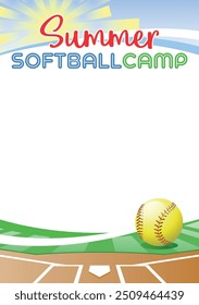 Acampamento de Softball de Verão. Cartaz modelo com bola de softball realista. Local da mensagem de texto. Ilustração vetorial.