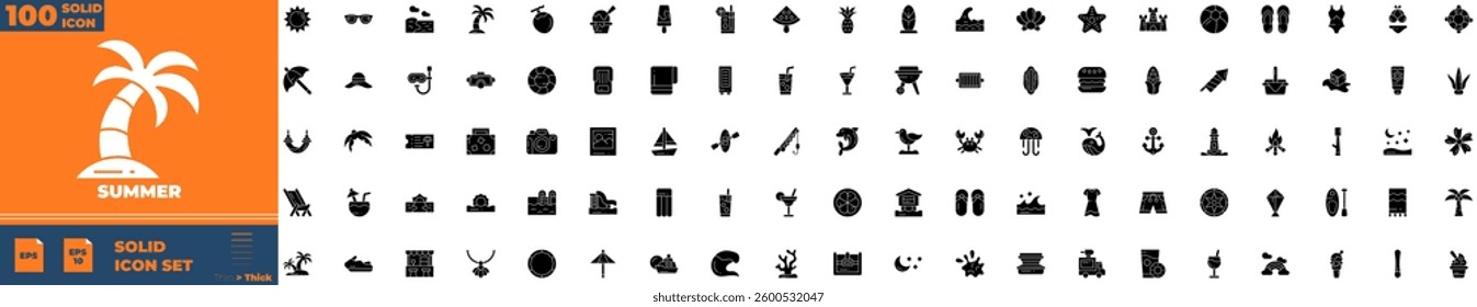 Summer Solid Editable Icons set. Vector illustration in modern thin solid style of summer icons: Travel, holiday, tourism, hotel, passport, etc