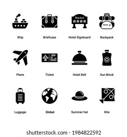 Summer solid icon set, beach symbols collection or sketches. Travel Holiday tourism, vacation trip signs for web, glyph style pictogram package isolated on white background. Vector graphics.