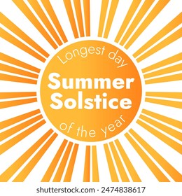  Summer solstice background banner with text inscription - Longest day of the year. Holiday design template for card, poster, sticker . Vector illustration