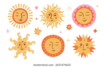 Summer Solstice coleção conjunto brilhante com sol . Ilustração vetorial em estilo folk. Conjunto de desenhos de fundo de férias para cartões postais, cartazes, arte de parede