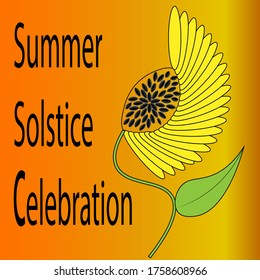 Summer solstice celebration greeting card. Abstract sunflower in foreground.