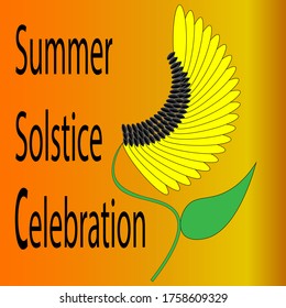 Summer solstice celebration greeting card. Abstract sunflower in foreground.