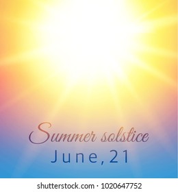 Summer solstice concept card. June, 21. Bright shiny sun isolated on modern sky gradient background. Made with clipping mask. High quality vector illustration for your design.