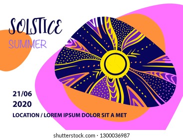 Summer solstice.  Concept logo, sign, badge with abstract summer sun. Template design for greeting gift card, banner, invitation, poster, flyer for solstice party.