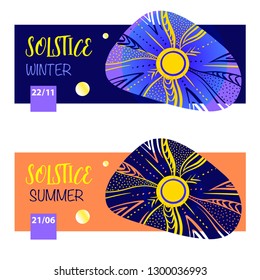 Summer solstice.  Concept logo, sign, badge with abstract summer sun. Template design for greeting gift card, banner, invitation, poster, flyer for solstice party.