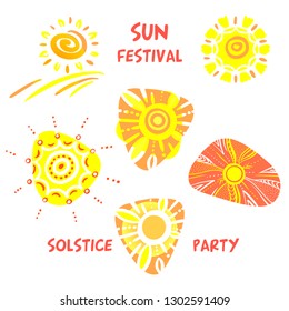 Summer solstice.  Concept logo, sign, badge with abstract summer sun. Template design for greeting gift card, banner, invitation, poster, flyer for solstice party.