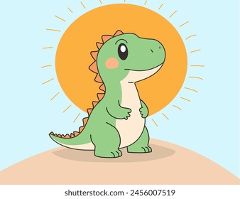 Summer Solstice design concept. Cute dinosaur standing against the sun. Poster, web design, greeting card, print, textile